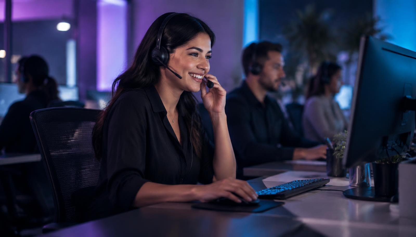 Contact center agent with a headset helping a customer at a single clean desktop