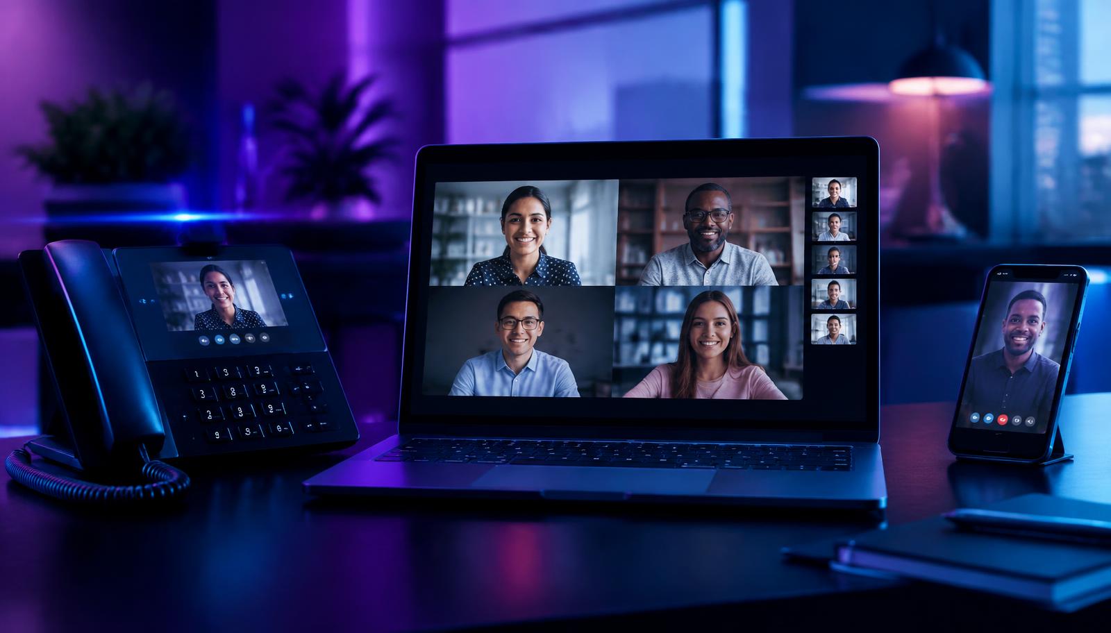 Hybrid team connected on one video call across laptop, desk phone and smartphone